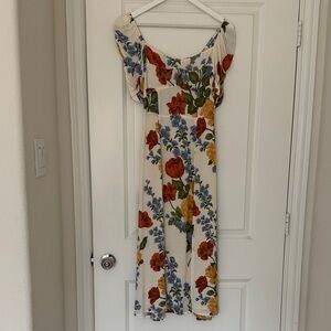 Reformation Floral Maxi Dress in Red, Orange, and Blue